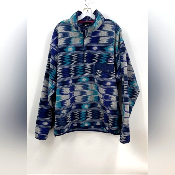 Patagonia Aztec Synchilla Blue Patterned Sweater Pullover Fleece Men Large